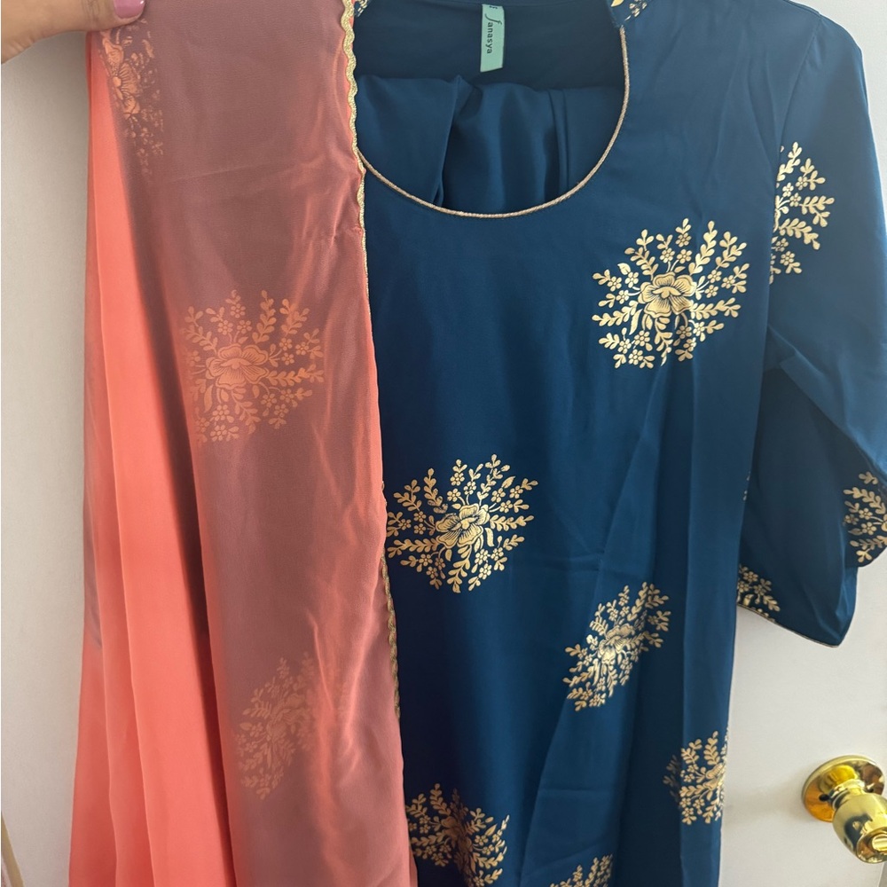 Blue and Gold Floral Kurta with Pink Dupatta